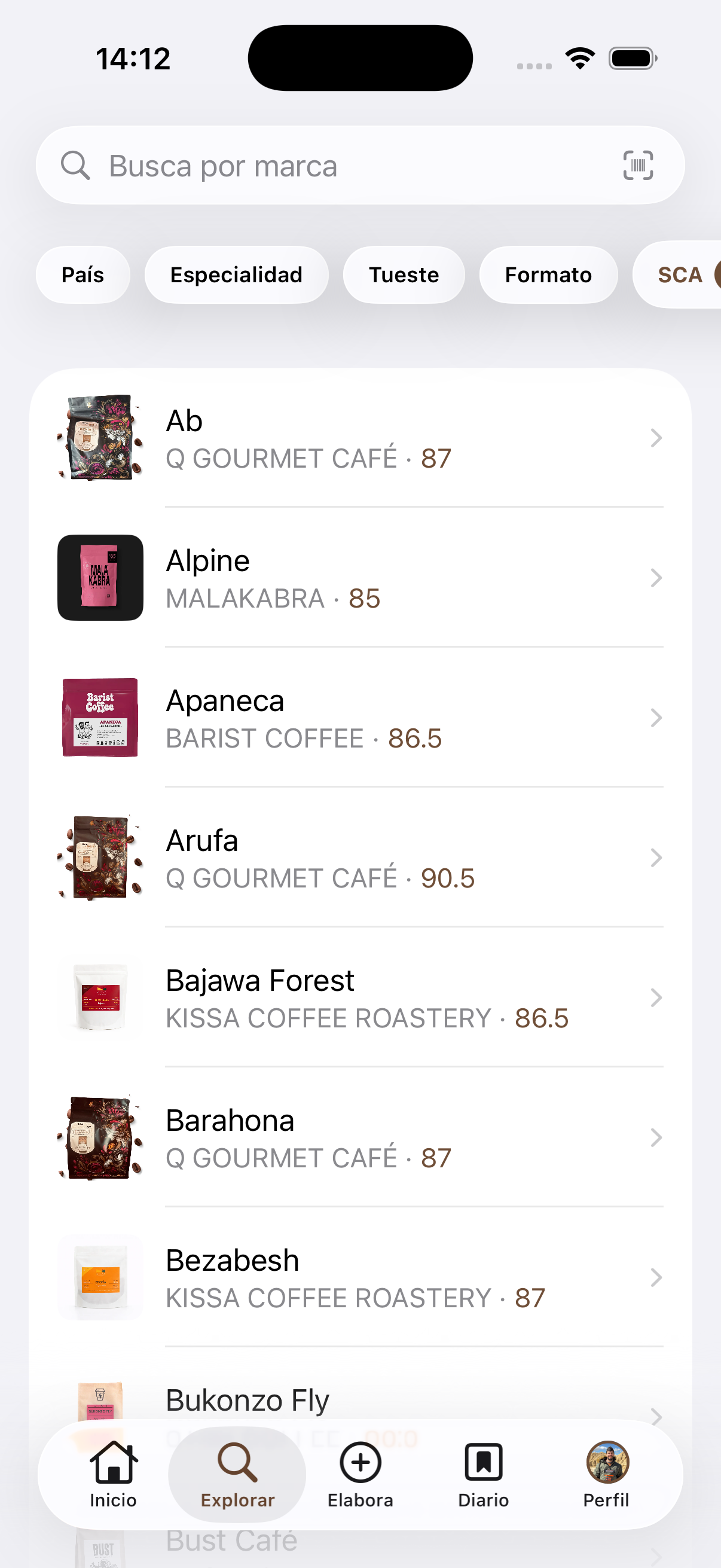 Captura del buscador de cafés