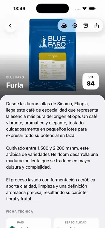 Ficha de café con origen, notas y valoraciones