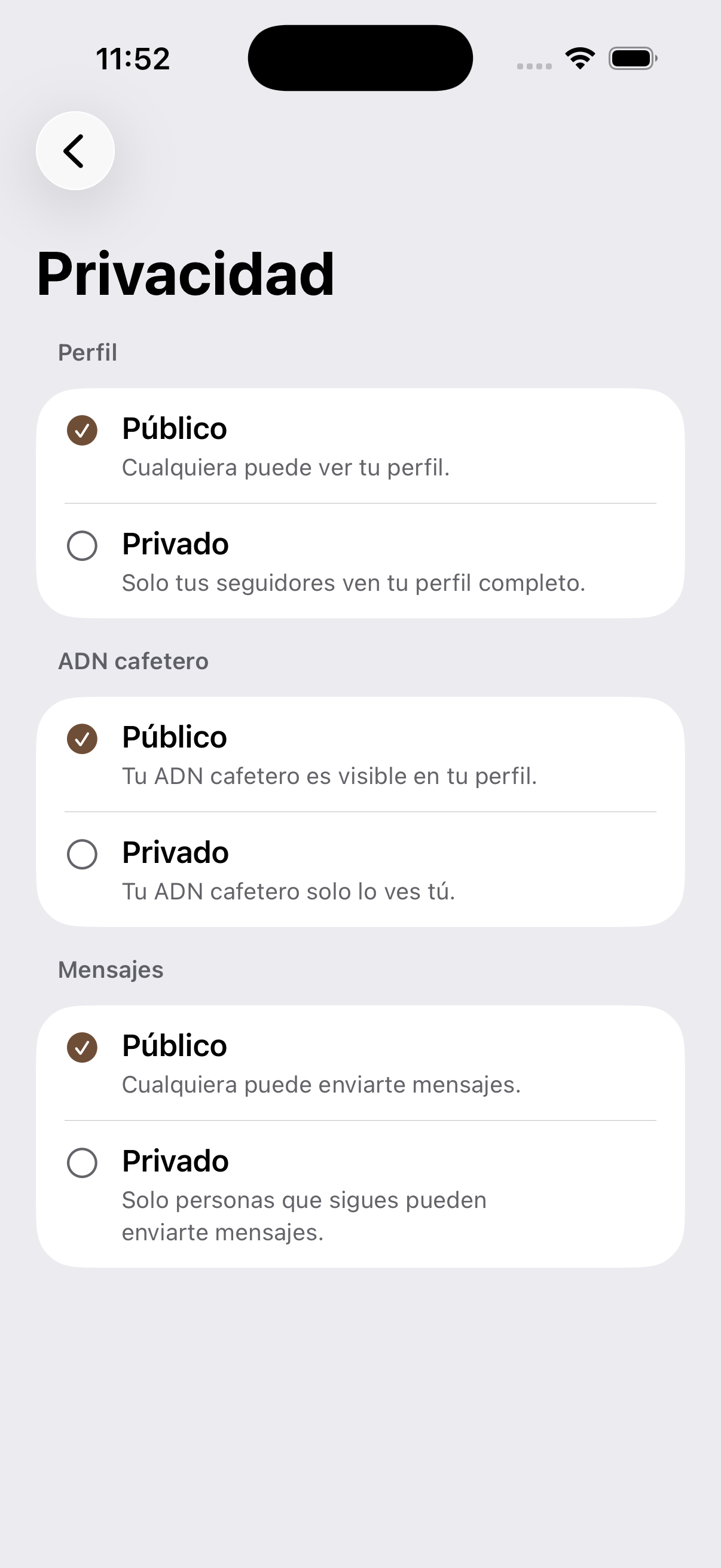 Cafesito profile screen, where you configure privacy